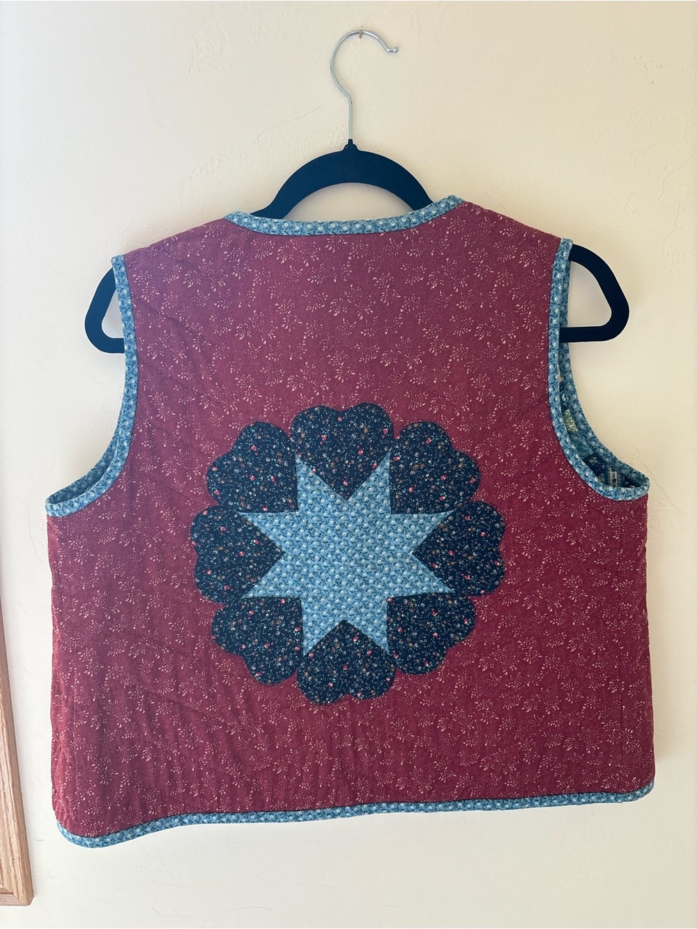 Handmade Reversible Quilted Red Patterned Vest with Blue Trim - Picture 3 of 5
